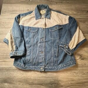 Inner View Denim Jacket Women Large Blue Striped Mixed Media Vintage 90s Trucker